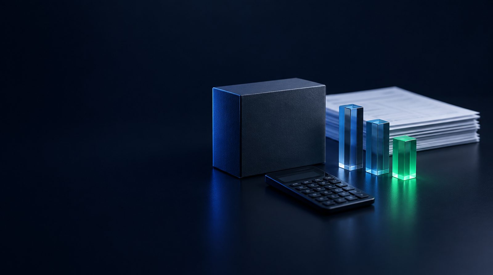 Product box, a stack of invoices and a calculator next to three glass blocks shaped like a cost breakdown, the last one glowing green