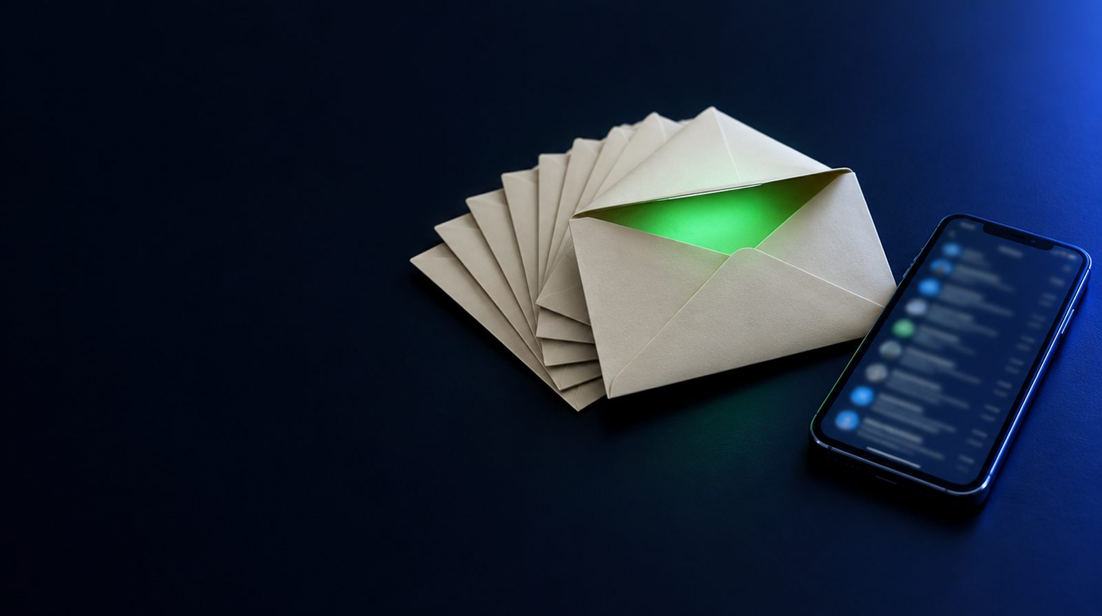 Fächer aus Briefumschlägen, einer leuchtet grün, daneben ein Smartphone mit Posteingang