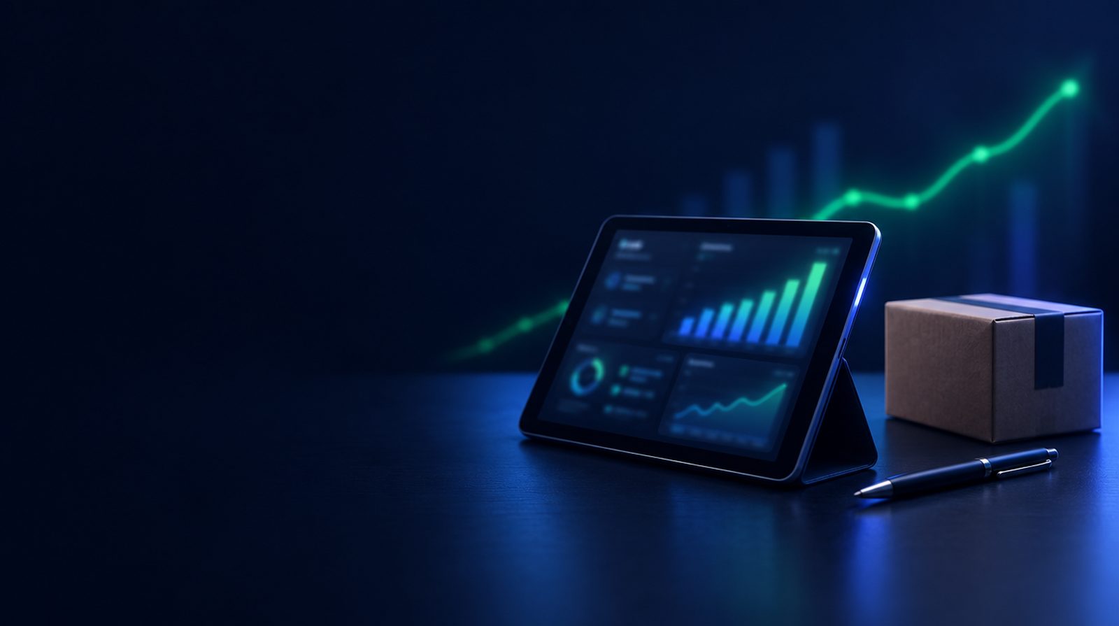 Tablet with an analytics dashboard, a shipping box and a pen in front of a rising green revenue line
