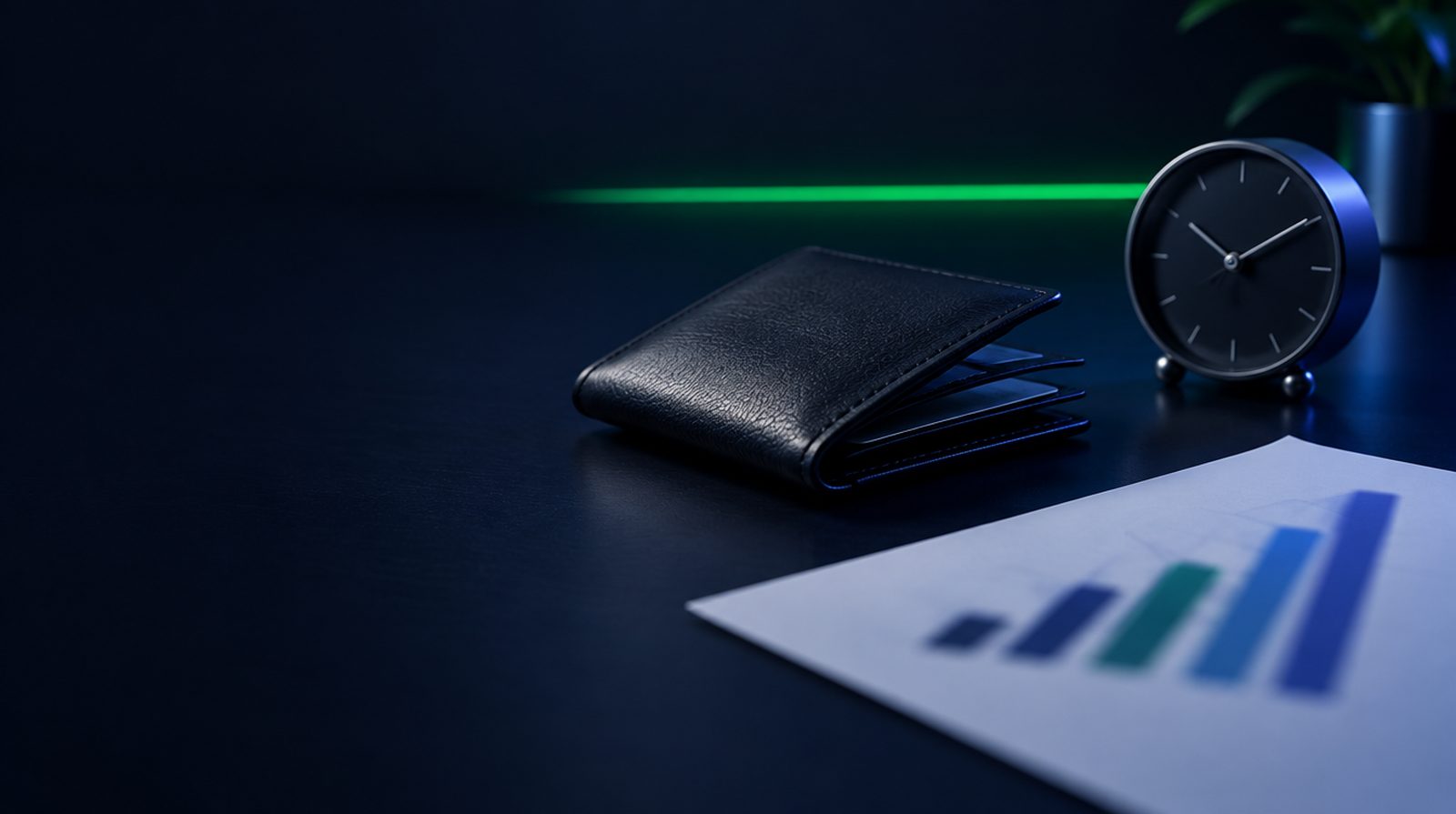 Wallet, desk clock and a sheet with a bar chart symbolizing ad budget and cost