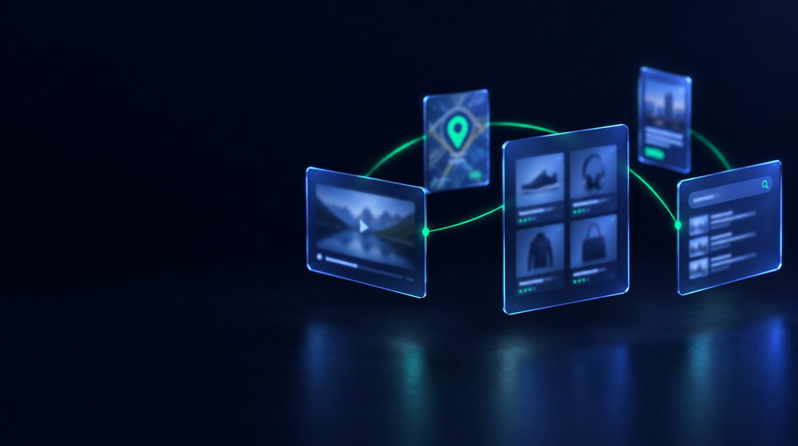 Floating glass panels with video, map, product grid and search bar, connected by green light lines