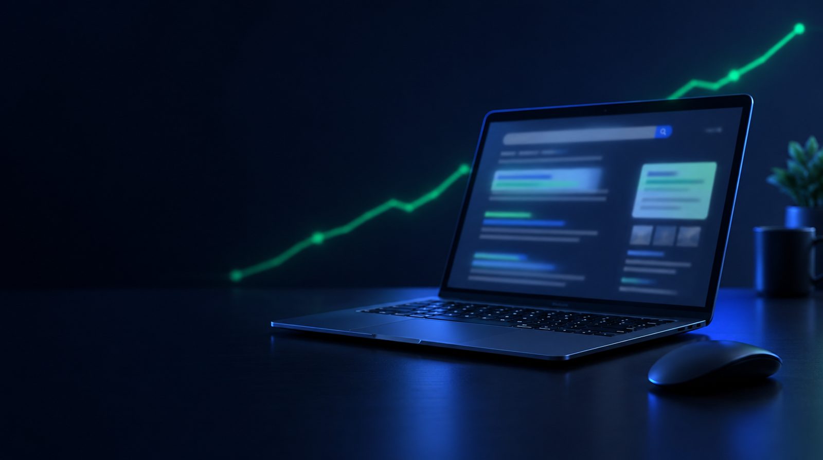 Laptop showing a search results page with highlighted ads in front of a rising green performance line
