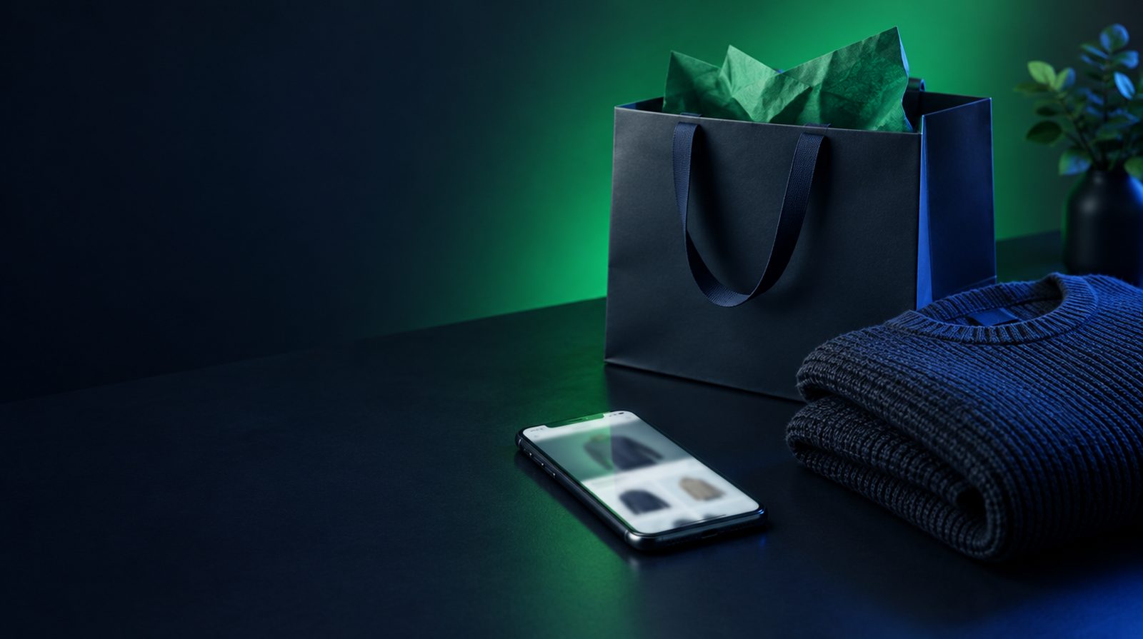 Packtisch mit Einkaufstüte, Pullover und Smartphone mit geöffnetem Onlineshop